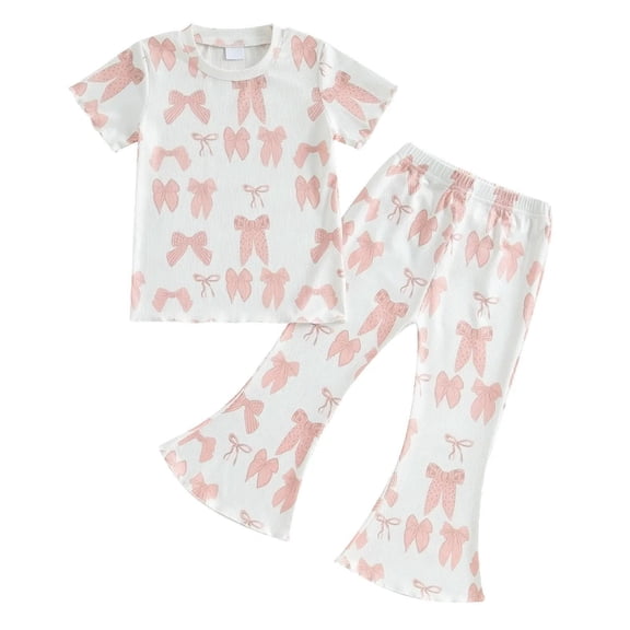 WRKEKC Girls 2 Piece Outfits Bow Print Short Sleeve Top Long Flare Pants Casual Soft Daily Summer Cotton 12 Months-5 Years