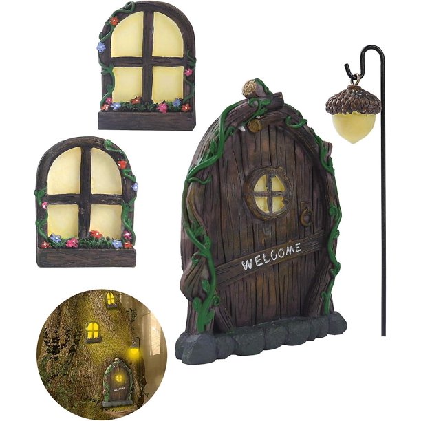 Puertas de hadas para decoraciones de árboles de Navidad - Accesorios de jardín de hadas en miniatura Kits de decoración al aire libre Tocón de árbol Juego de puertas enanas decora