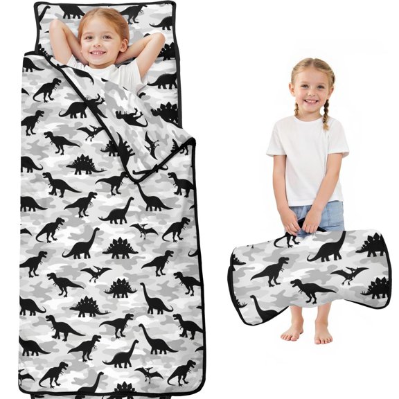 Gray Dinosaurs Camouflage Pattern Teens Toddler Nap Mat with Pillow, Sleeping Mat Bag for Preschool Daycare 59"x22"