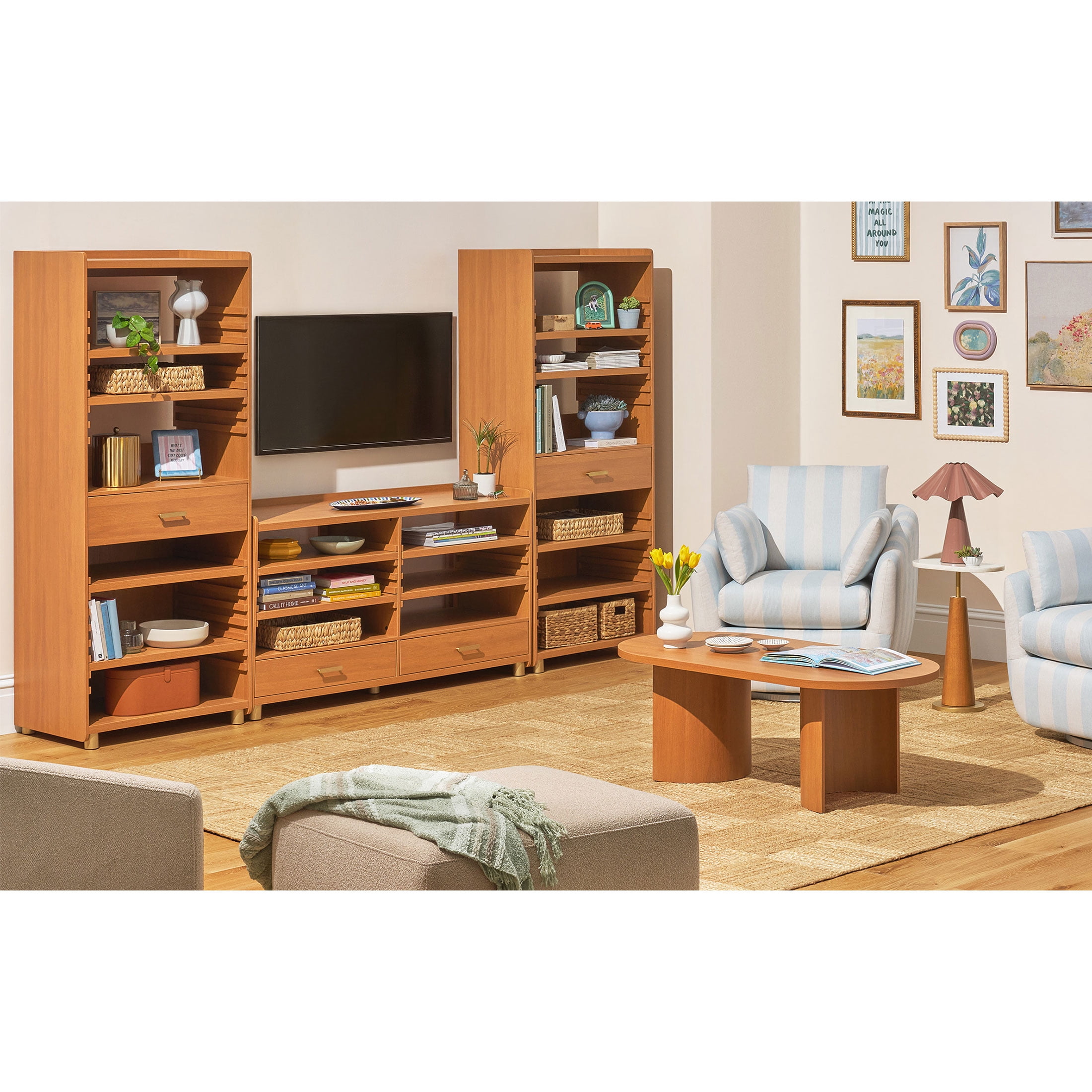 Beautiful by Drew Barrymore Maurice TV Stand for TVs Up to 70", Japandi Style, Cherry Finish