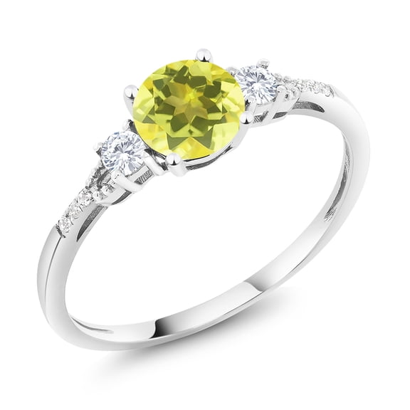 Gem Stone King 10K White Gold Canary Mystic Topaz White Created Sapphire and White Diamond Accent 3-Stone Engagement Ring for Women (1.14 Cttw, Round 6MM, Gemstone November Birthstone, Size 7)