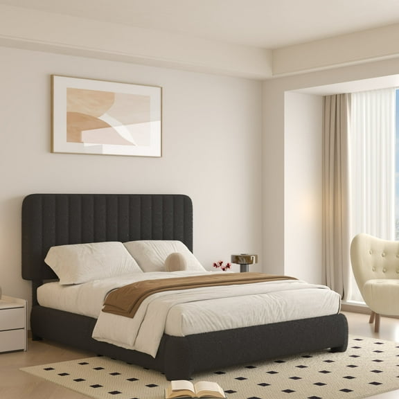 VIPLOV Queen Size Boucle Bed Frame, Upholstered Cloud Platform Bed Frame with Adjustable Headboard, No Box Spring Needed, Noise Free Design, Easy Assembly, Black