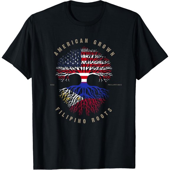 American Grown Filipino Roots Philippines Flag T-ShirtMen's and women's gift, black and white T-shirt, size: Extra large S-4XL