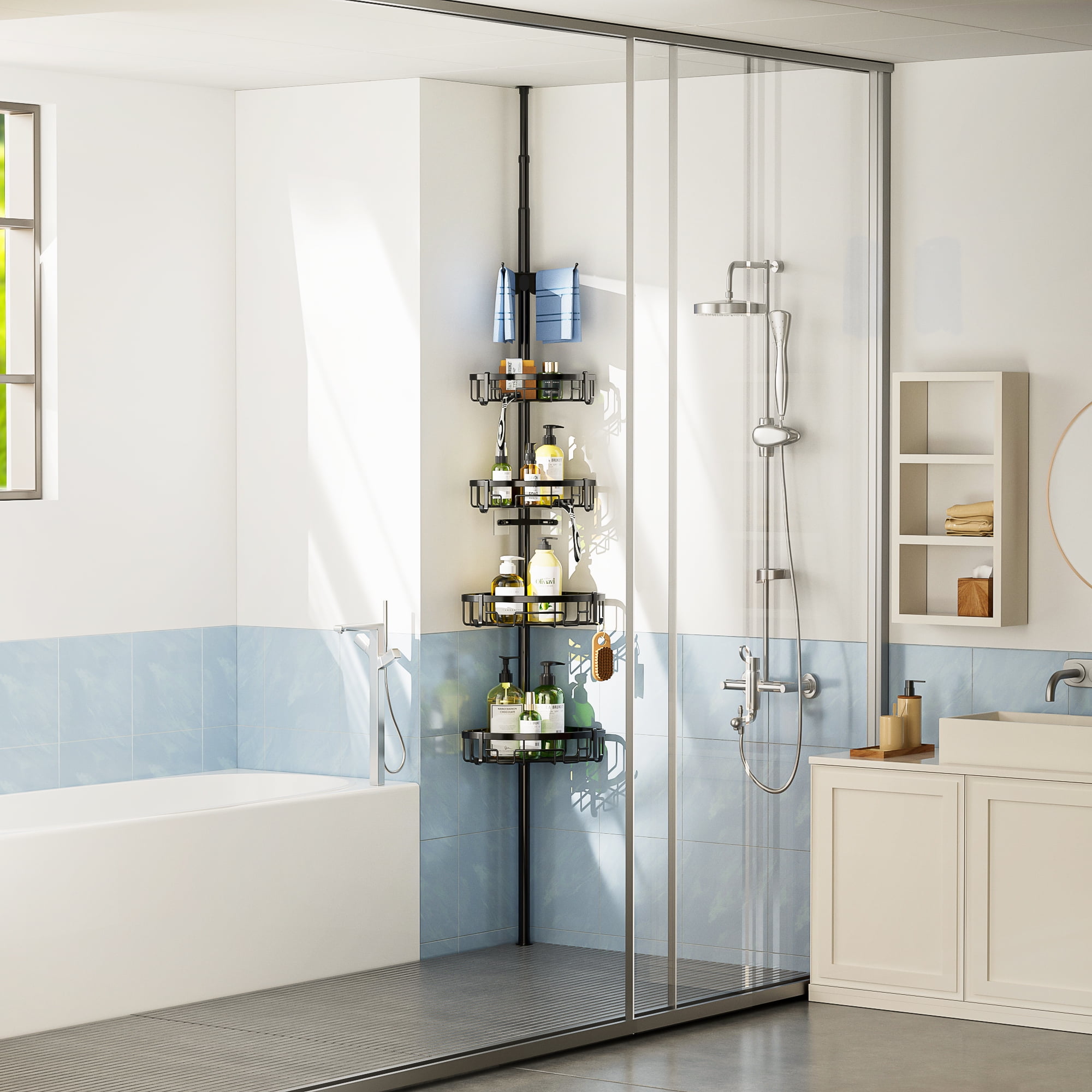 Auledio Corner Shower Caddy Tension Pole - 62-115INCH - 4-Tier Rustproof Bathroom Organizer Shelves, Adjustable Bathtub Tub Shampoo Storage
