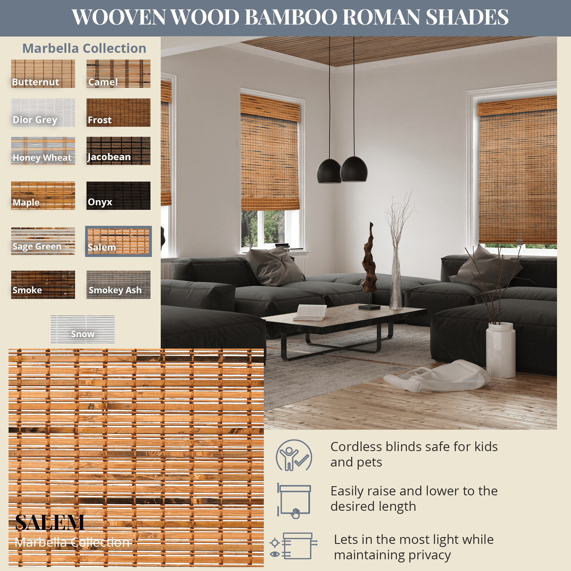 Natural Woven Light Filtering Cordless Bamboo Roman Shades for Windows, 46 in. W x 36 in. L, Salem