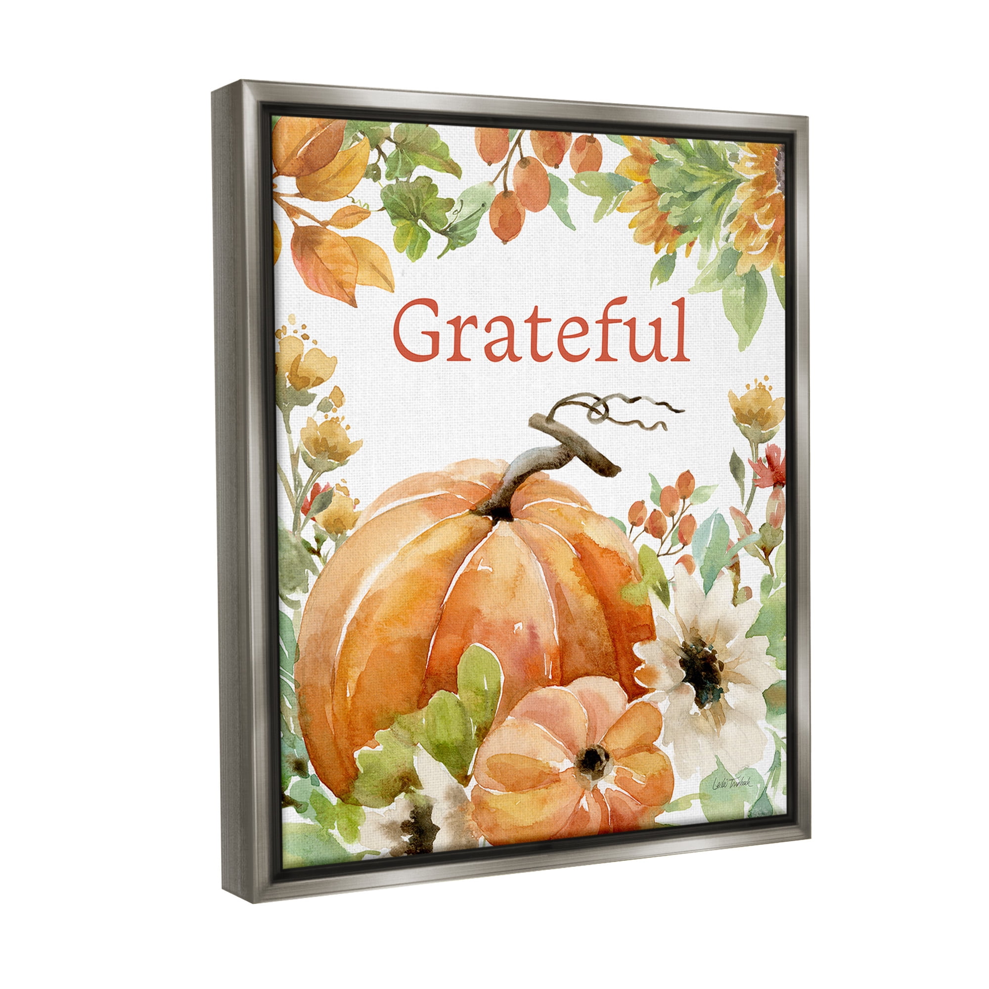 Stupell Industries Grateful Pumpkins & Flowers Holiday Painting Gray Floater Framed Canvas Art Print Wall Art, 25 x 31