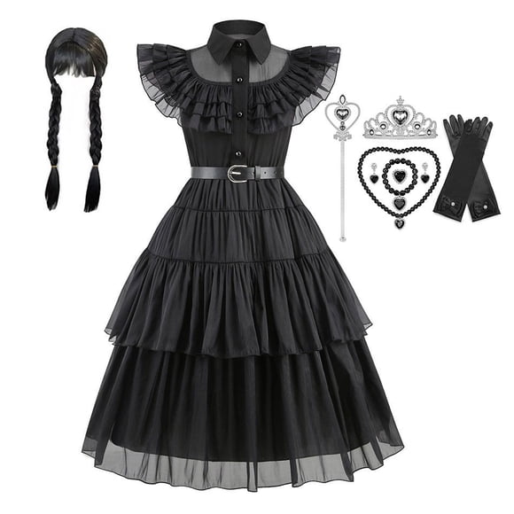 SATKULL Wednesday Dress for Kids Girls, Addams Family Cosplay Outfit Costumes for Hallo-ween Birthday School Party