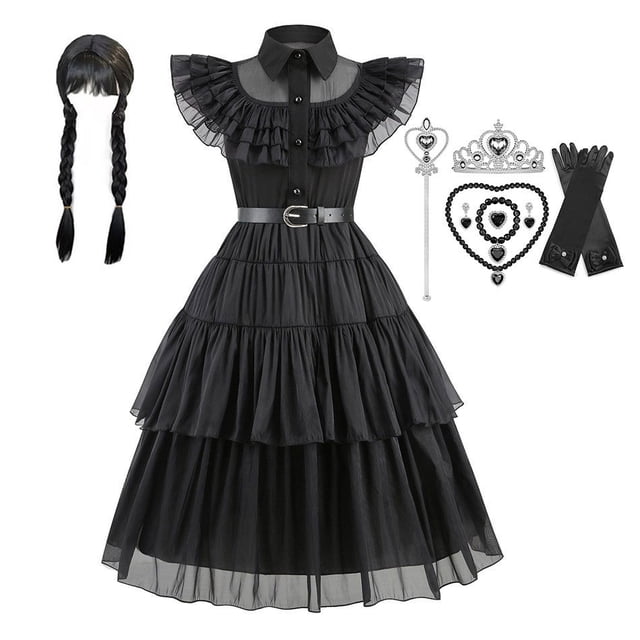 SATKULL Robe de Mercredi pour Enfants Filles, Tenue de Cosplay Famille Addams Costumes pour Hallo-ween Anniversaire Fête d'École