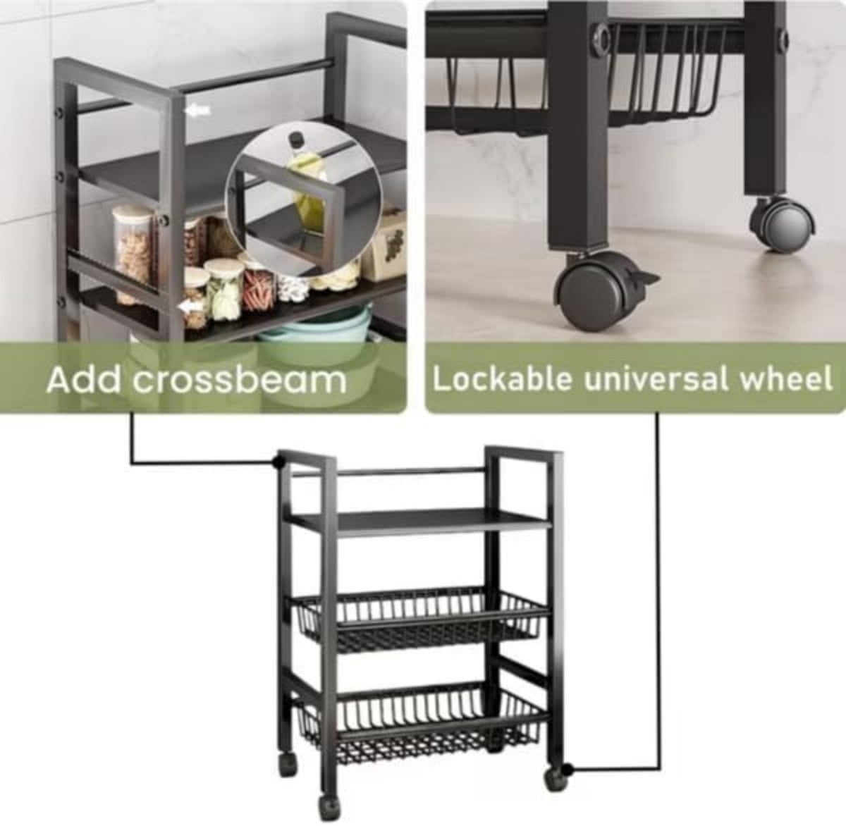 3-Tier Rolling Storage Cart with 2 Removable Wire Baskets, Heavy Duty Metal Organizer Rack, Slim Kitchen Cart for Pantry, Bathroom, Office