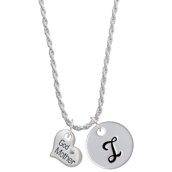 Delight Jewelry Silvertone Small ''Godmother'' Heart with Clear Crystal Silvertone Script Initial Disc - I - Charm Necklace, 20"+3"