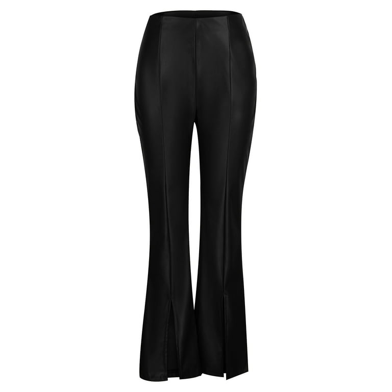 XFLWAM Women's Faux PU Leather High Waist Front Split Hem Flare Pants  Stretchy Bell Bottom Pants with Pockets Black S 