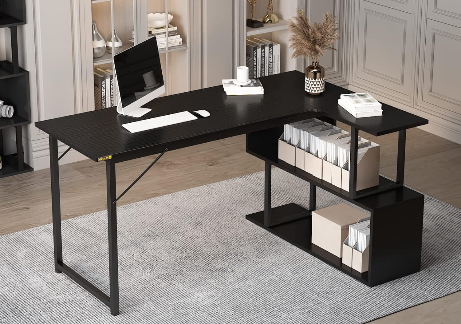 L Shaped Computer Desk with 2 Shelves Bookshelf, Modern Corner Computer Desk with Storage, Office Desk Study Table Writing Desk for Home Office