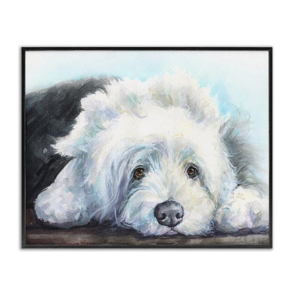 Stupell Industries Farmhouse Fluffy Old English Sheepdog Puppy Resting Black Framed Giclee Art, 14 x 11, by George Dyachenko