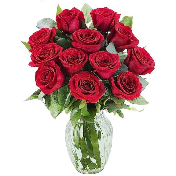 KaBloom : Bouquet of Fresh 18 Red Roses with Vase, Next-Day Delivery, Gift for all occasions