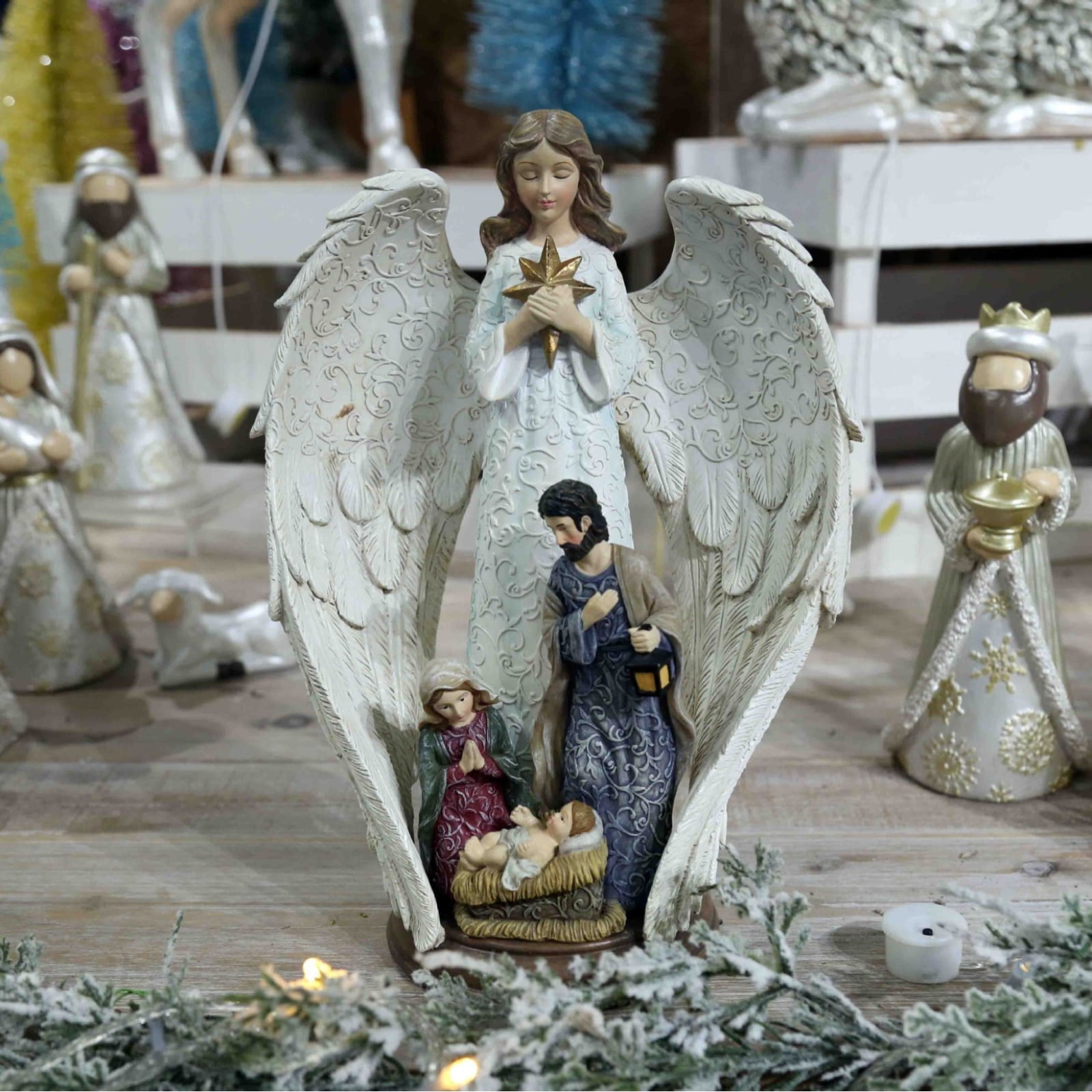 MInHoues Holy Family Nativity Scene Resin Figurine 10.5 Guardian Angel Wings Statue with Embossed Texture Religious Sculpture Tabletop Ornament Christmas Holiday Home Decor & Festival Gift
