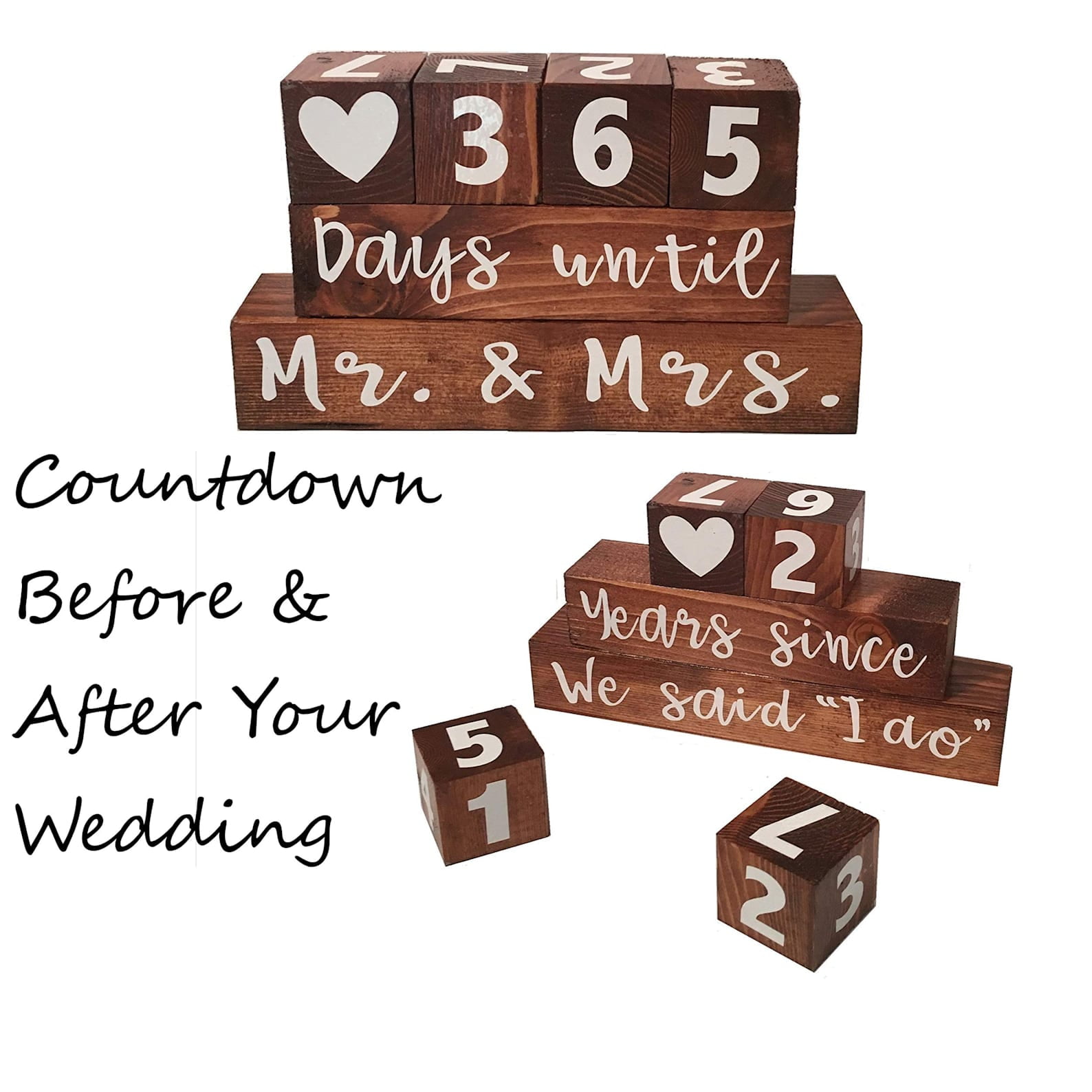 KOS Wooden Block Wedding Day Countdown Calendar / Clock – " Days Until Mr & Mrs" and "Years Since We Said I Do" gift bride groom engagement