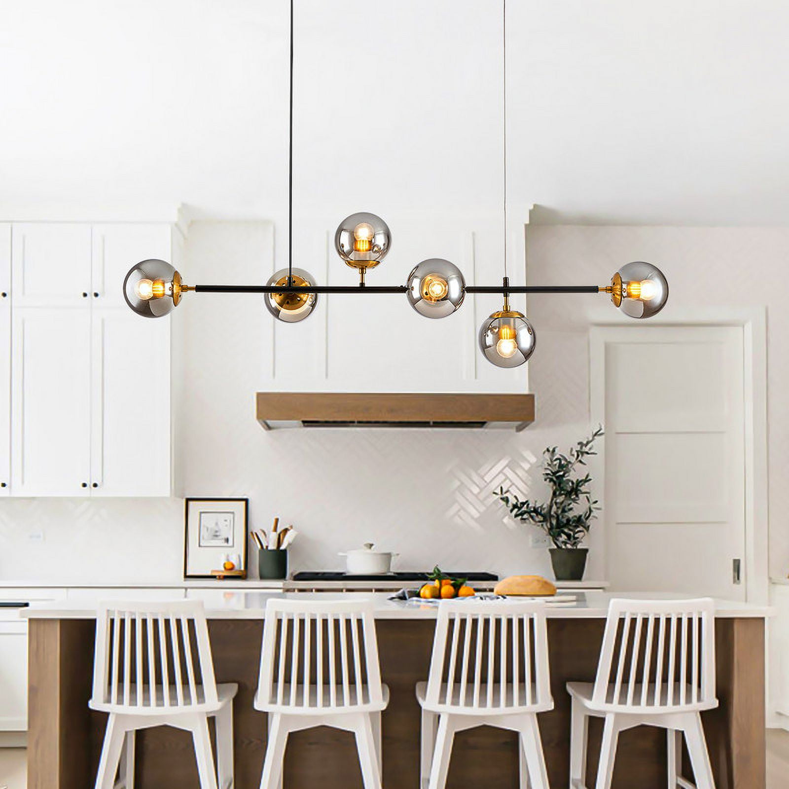 Vikaey Mid Century Modern chandelier Black and Smoke Gray Glass Globe Linear Ceiling Light Fixture 6-Light Adjustable Pendant Light Fixture for Kitchen,Living Room,Dining Room