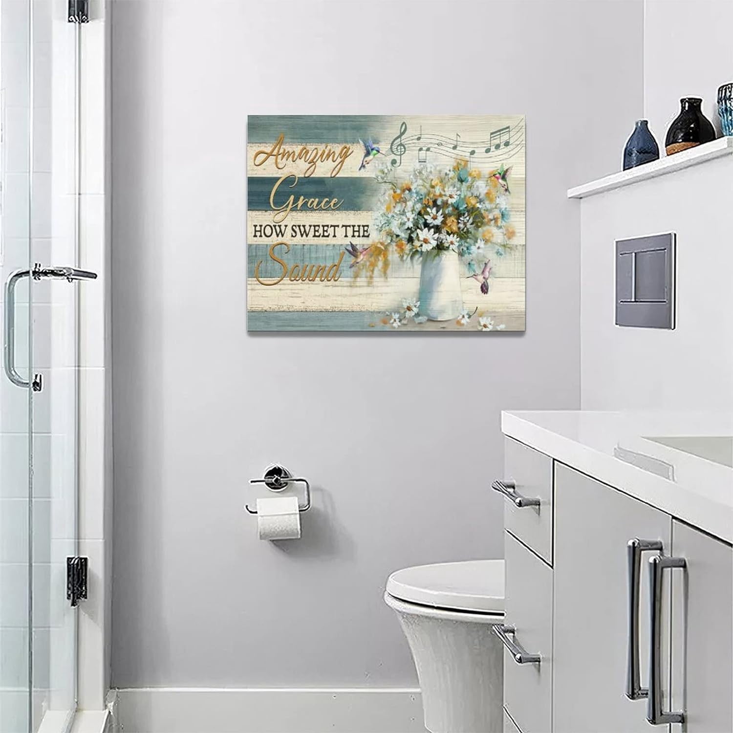 Daisy Hummingbirds Bathroom Wall Art Floral Pictures Flower Bathroom Wall Decor Motivational Quotes Canvas Prints Painting Framed Artwork for Bathroom Kitchen Bedroom 16"x12"