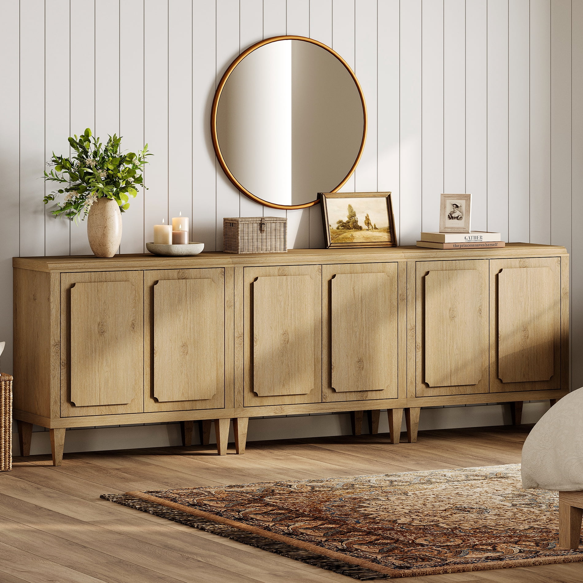 94.5" Modern Buffet Cabinet with Storage, Oak Kitchen Sideboard with Embossed Doors, Oak