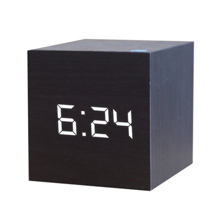 Wooden Square Digital LED USB Desk Alarm Clock Table Voice Control Decoration