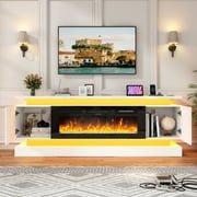 Blotout 71 Fireplace TV Stand with 40 Fireplace, LED Lights & Power Outlet for 85/80/75 Inch TV, Modern Gaming Entertainment Center with High Gloss Cabinet, Media TV Console for Living Room (White)
