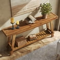 thumbnail image 2 of Finmind Solid Wood Console Table, 63-Inch Long Farmhouse Style Double-Layer Hall Table, Sofa Table with Shelf Behind the Couch, Suitable for Living Room, Foyer, Entryway, Brown, 2 of 8