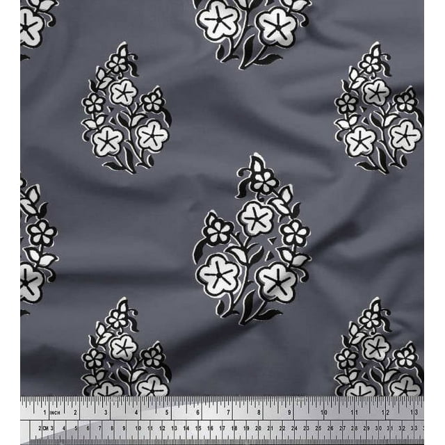 Soimoi Modal Satin Fabric Leaves & Floral Block Print Sewing Fabric Yard 42 Inch Wide