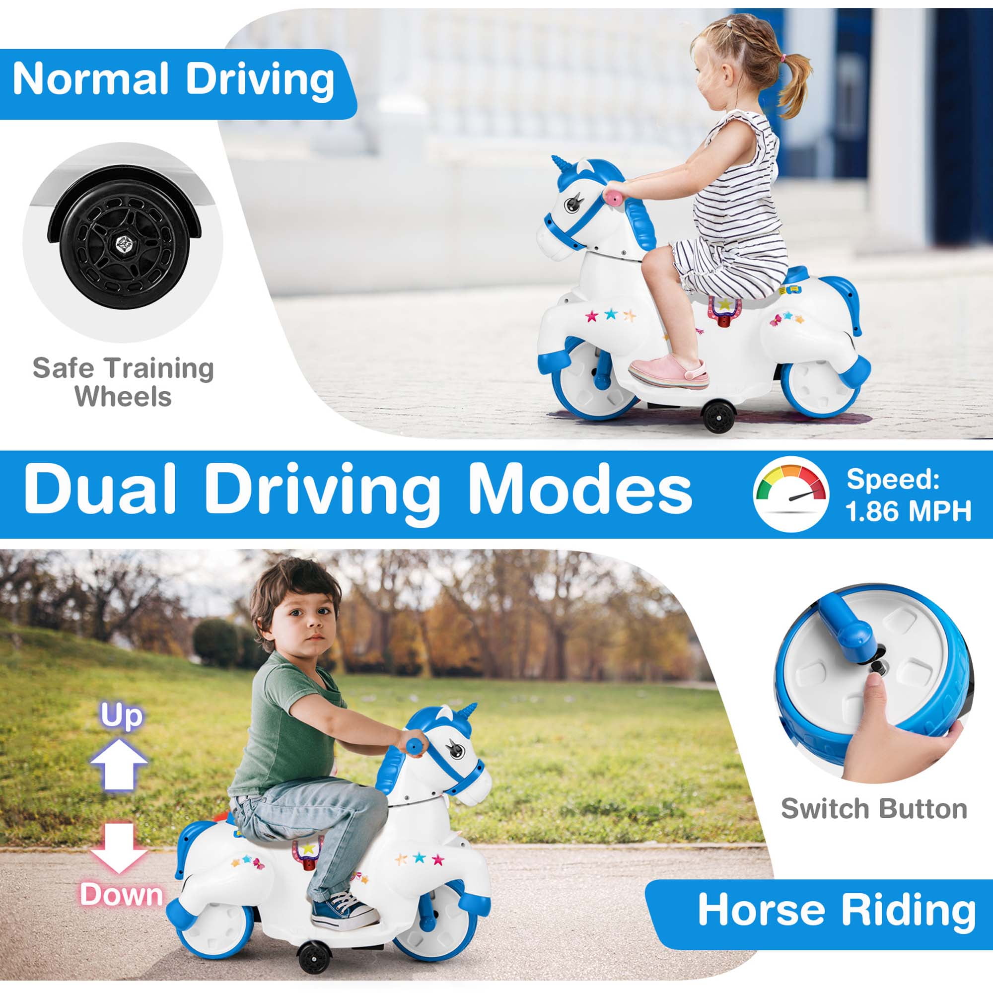 Costway 12V Kids Ride on Unicorn Toy with Training Wheels Music One-button Start Horse Toy Blue