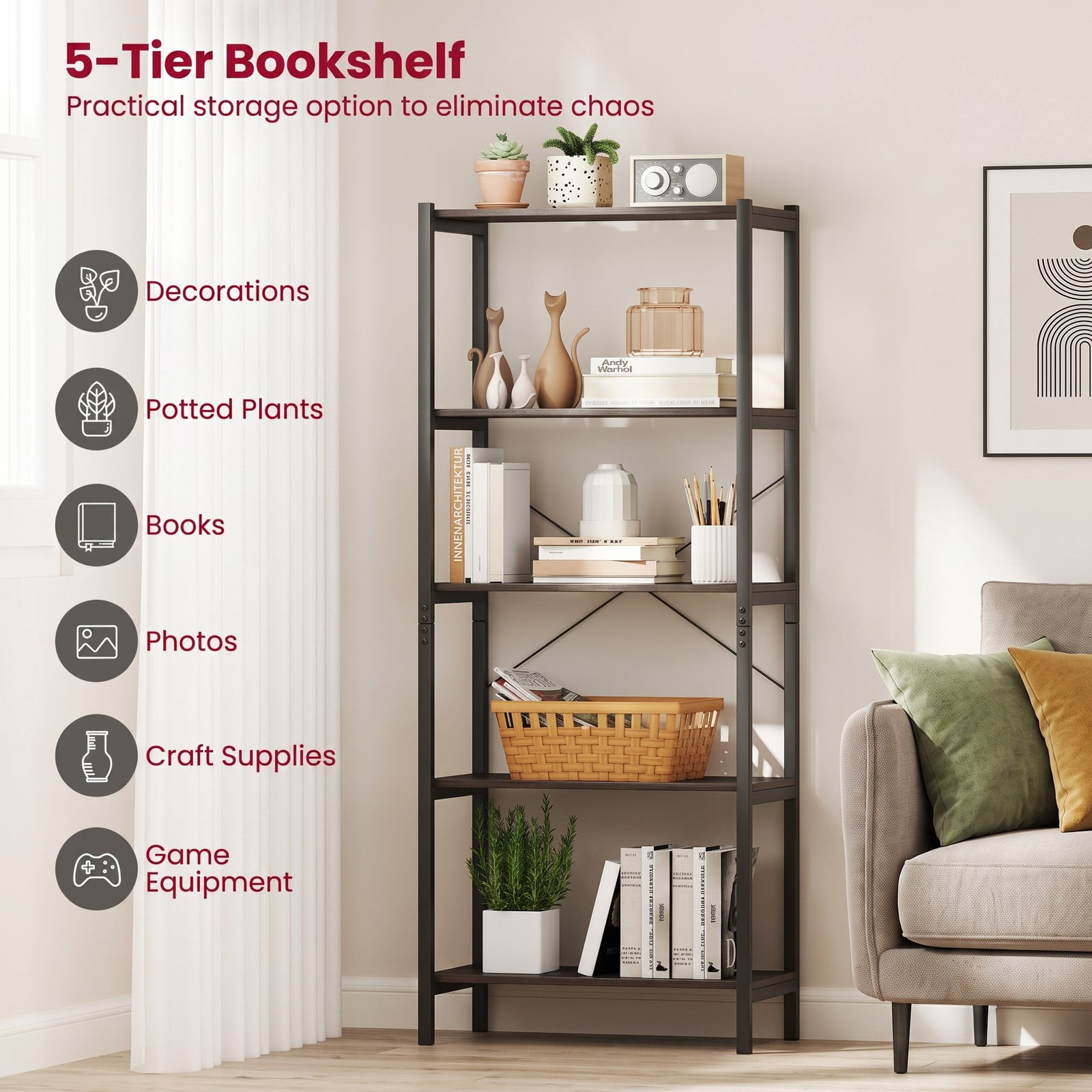 Furnibear 5-Tier Bookshelf Industrial Display Storage Rack Freestanding Open Bookcase with Sturdy Metal Frame for Home Office Living Room, Gray