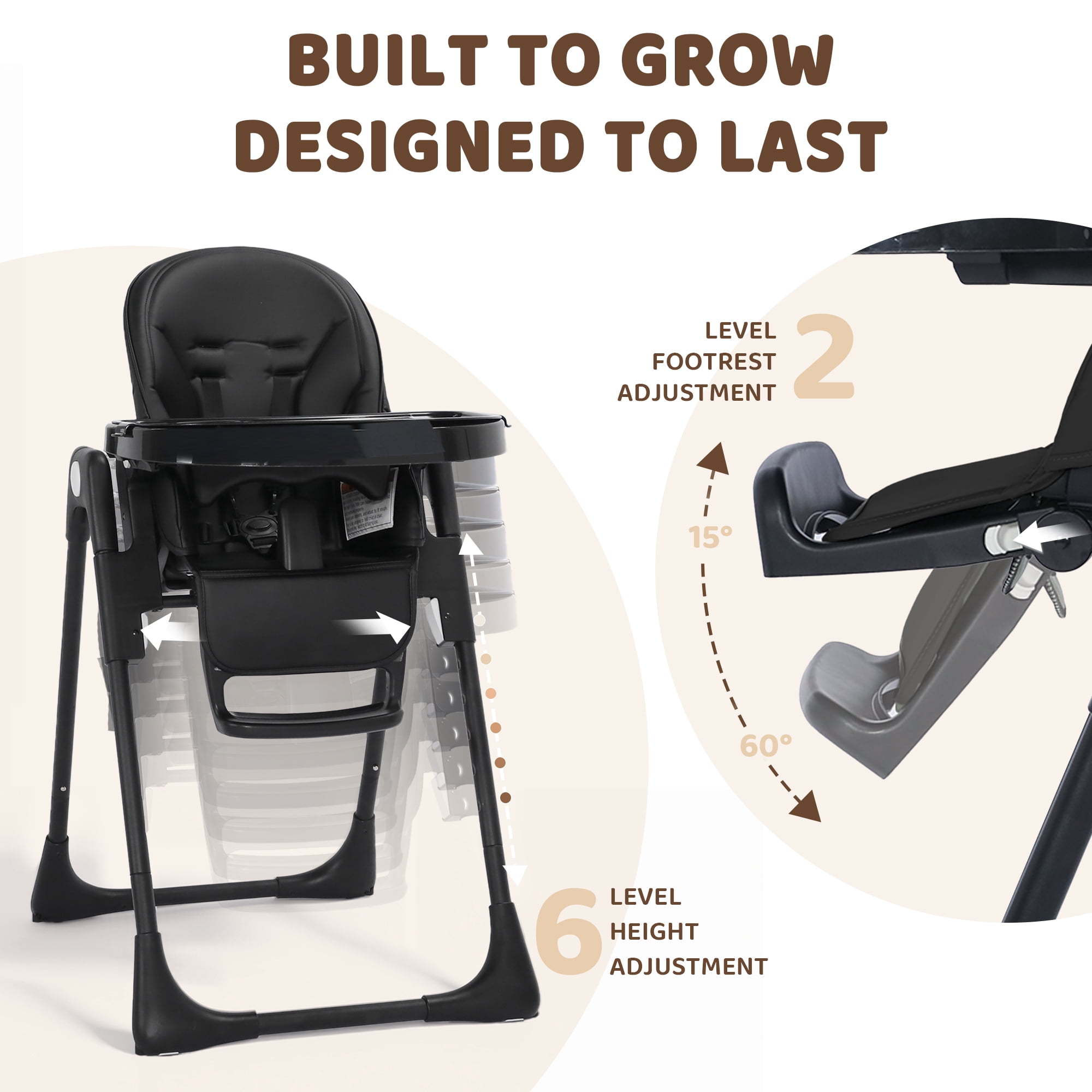 AILEEKISS Foldable High Chair for Baby, Toddler Eating Chair with Detachable Double Trays, Black