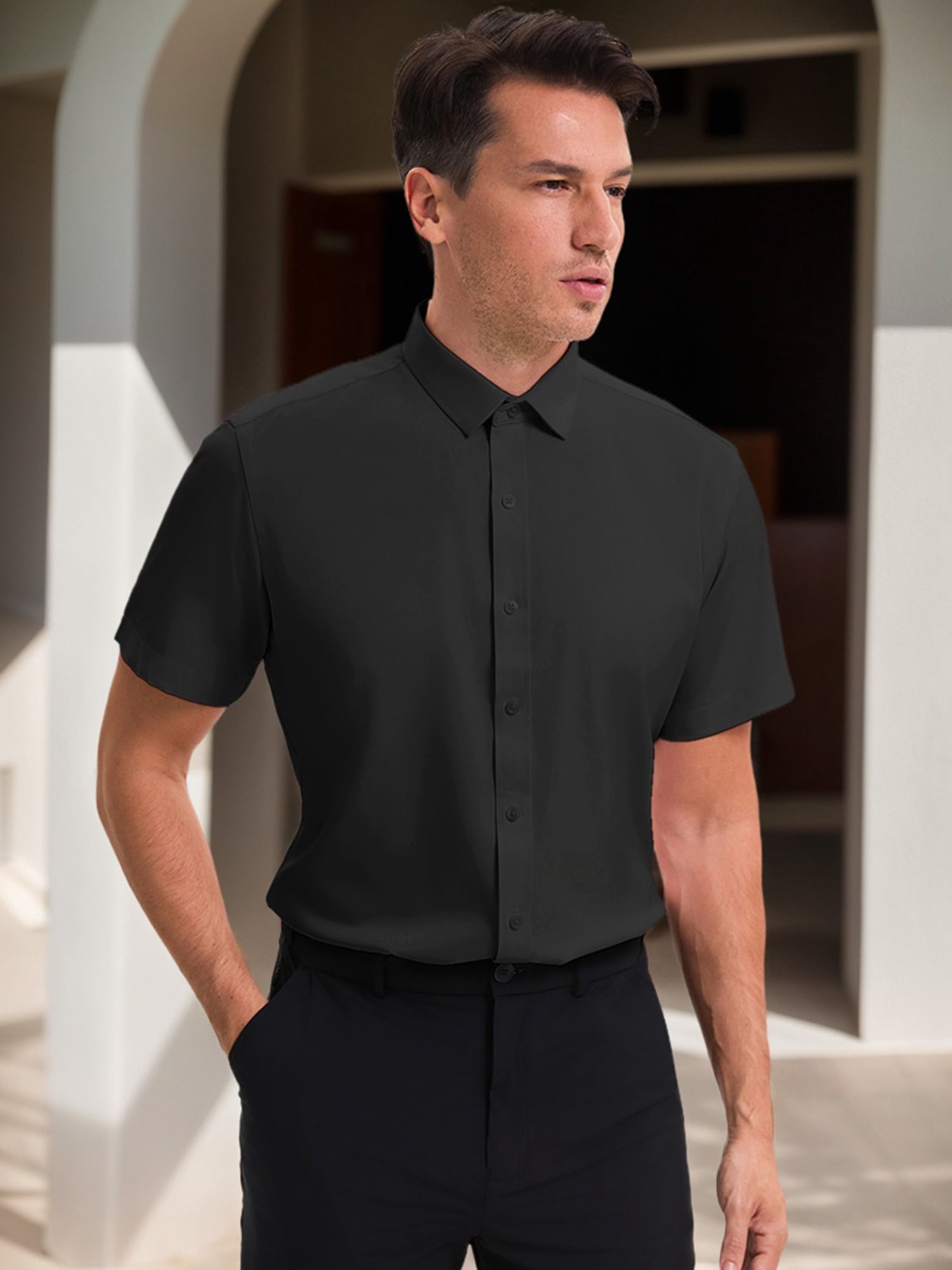 Unique Bargains Men's Short Sleeve Lightweight Business Formal Button Down Shirt M Black