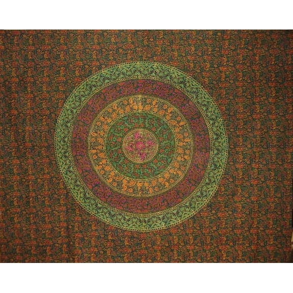 Sanganeer Block Print Indian Tapestry Cotton Bedspread 108" x 88" Full-Queen Green