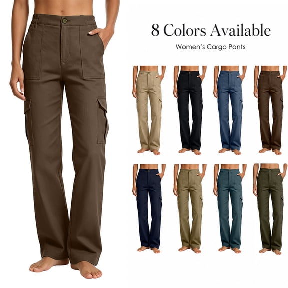 Women's Outdoor Cargo Pants High Waist Button Closure Straight Leg Hiking Trousers Multi-pocket for Outdoor Work,Streetwear Brown S