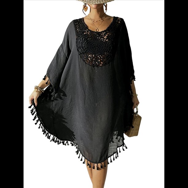Vestido con Borlas para Mujer, Estilo Bohemio, con de Murciélago y Crochet Calado Negro un Tamaño