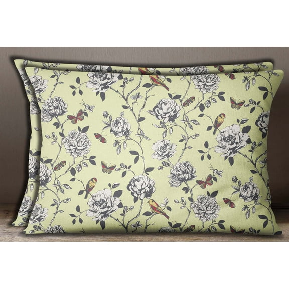 S4Sassy 2 Pcs Pale Yellow Cotton Poplin Bird & Floral Print Sham Cushion Cover Pillow Case-20 x 28 Inches