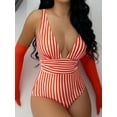 thumbnail image 5 of Hotian Women Stripe One Piece Swimsuit Plunge V Neck One Piece Bathing Suit Deep V-Neck Sexy Swimwear Red S, 5 of 5