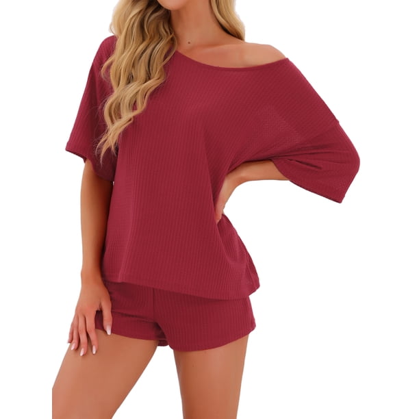 Pijama de punto waffle INSPIRE CHIC para mujer, conjunto de 2 piezas, cuello redondo, ropa de estar en casa, color rojo