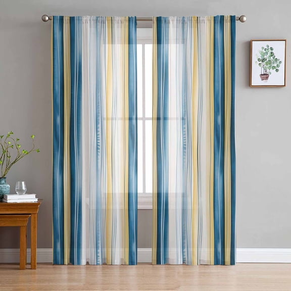 ERUNPONLY Blue Yellow Striped Sheer Curtains 63 Inch Length 2 Panels Set, Modern Stripes Art Watercolor Voile Window Treatment Curtains Sheers Drapes for Bedroom/Living Room/Kitchen 52x"63"x2