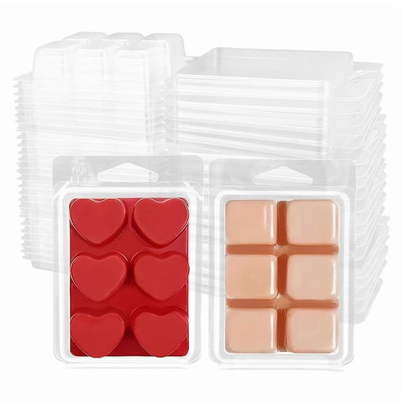 100Pack Wax Melt Clamshells Molds, 6-Cavity Clear Empty Plastic Square & Heart Shape Cube-Wax Melt Con