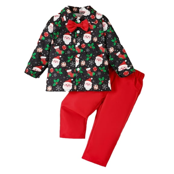 Toddler Boys Outfit Sets Fall Christmas Long Sleeve Cartoon Prints T Shirt Tops Pants Child Gentleman Clothes Size 3-4T