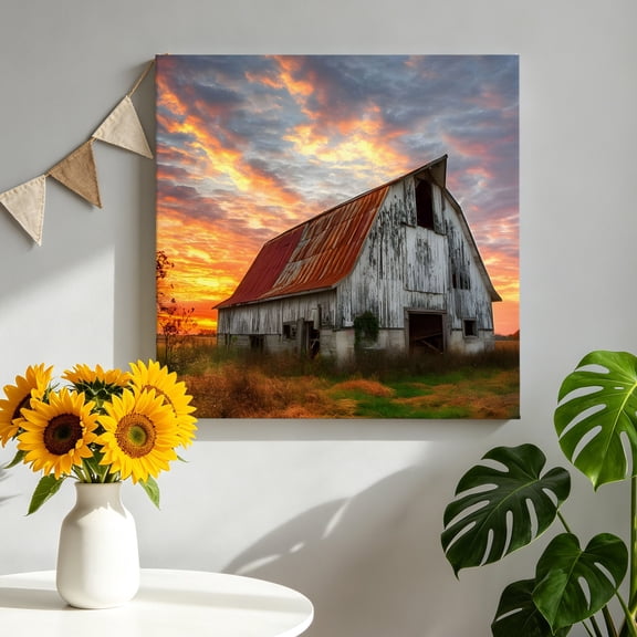 Rustic Barn Canvas Wall Art Framed Wall Decor for Living Room Bedroom Bathroom, Sunset Farmhouse Countryside Canvas Pictures Ready to Hang Decor, 16"x16"