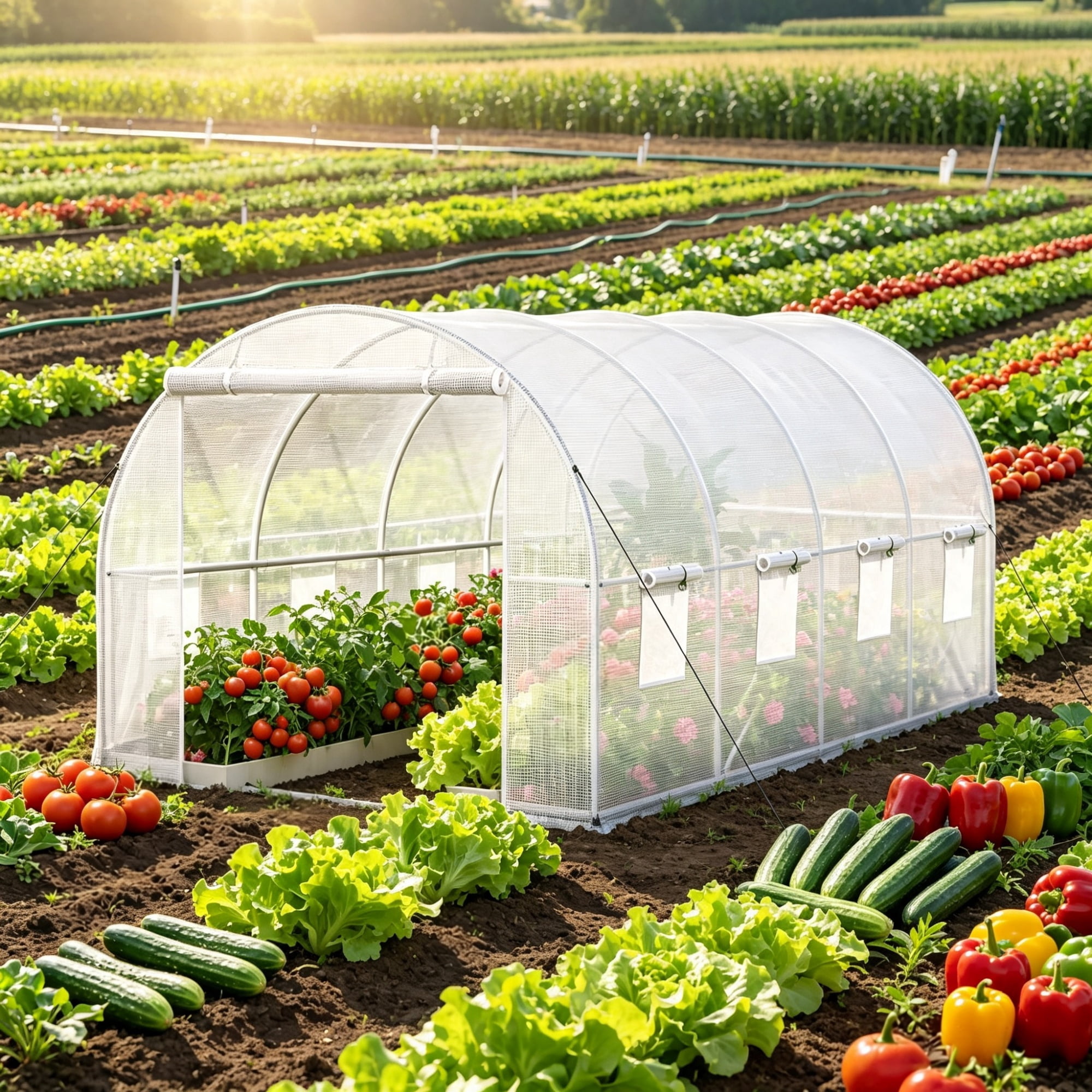 Walk-in Greenhouse, Portable Plant Hot House with Galvanized Steel Hoops, 1 Top Beam & Diagonal Poles, Zippered Door & 8 Roll-up Windows, White 15 x 6.5 x 7ft
