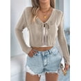thumbnail image 6 of Women'S Tie Front Long Sleeve Scalloped Crop Cardigan Knit Top Khaki XL, 6 of 9