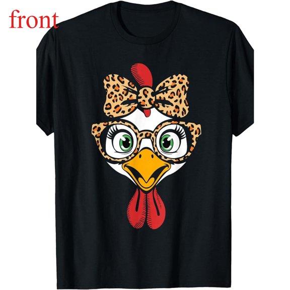 Turkey Face Tee Leopard Glasses Pink Bow Tie Graphic Animal Top Short Sleeve Round Neck Black S-5XL
