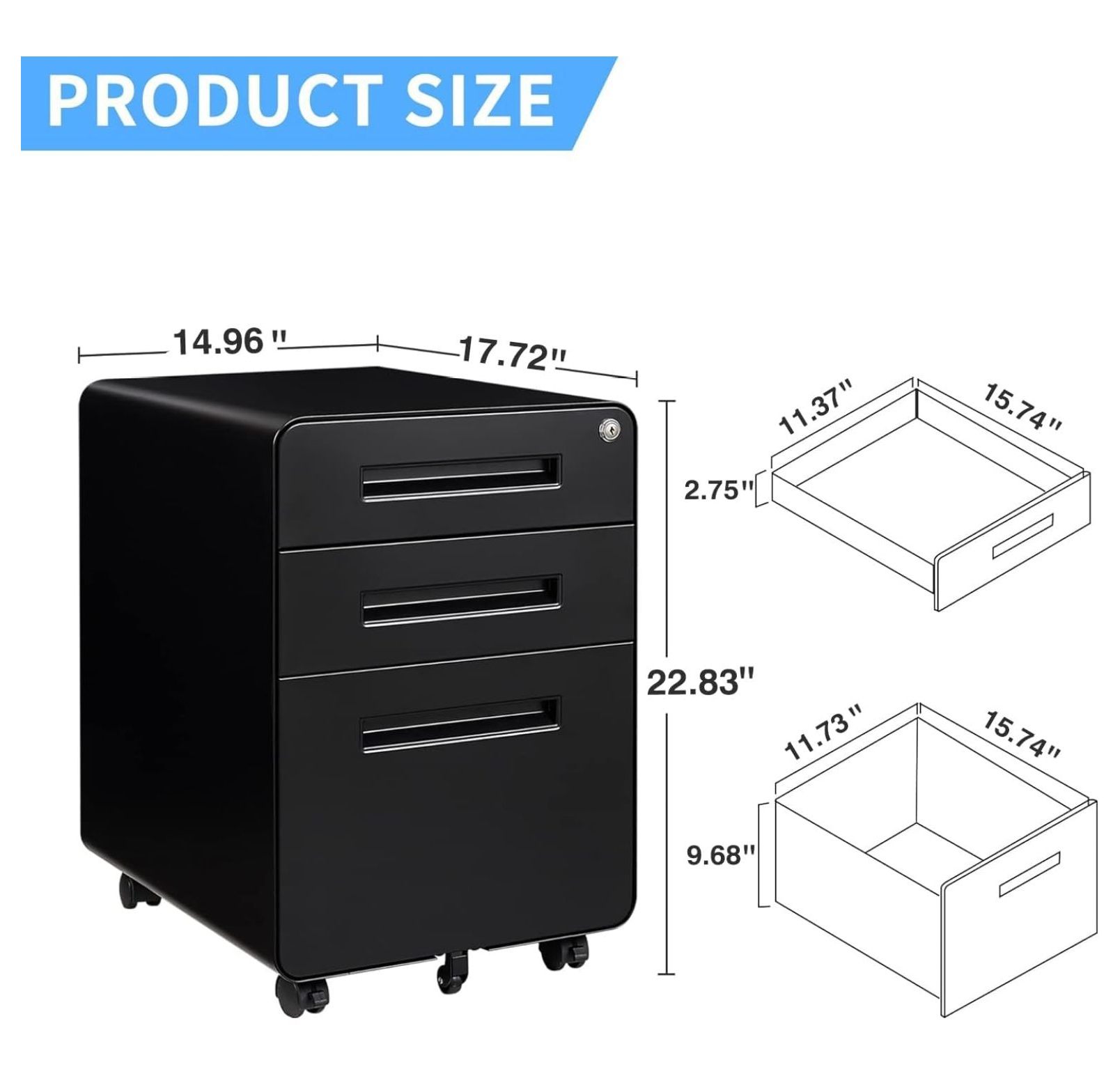 WDZS File Cabinet, 3 Drawer Filing Cabinets for Home Office with Lock Mobile Under Desk Fully Assembled Cabinet (Black)