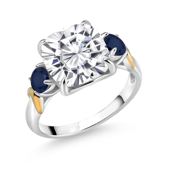 Gem Stone King 925 Silver and 10K Yellow Gold White Moissanite and Blue Sapphire 3 Stone Ring for Women (5.70 Cttw, Gemstone Birthstone, Cushion 10MM, Round 4MM, Size 6)