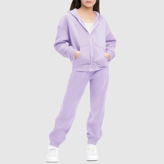 FAIOROI Purple Girls Tracksuit Set, 100% Polyester Kids 2-Piece Outfit with Full Zip Hoodie & Pockets, Casual Sporty Loose Fit Playwear for 6-12 Years Old,Size 9-10T