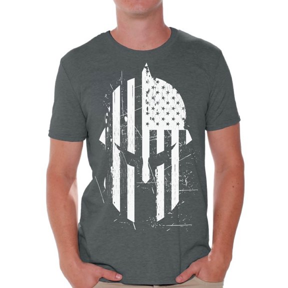 Awkward Styles Spartan American Flag T Shirt Novelty Graphic Shirts for Men Spartan Helmet USA Flag Men's Shirt