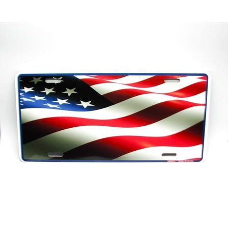 WAVING AMERICAN FLAG METAL CAR NOVELTY LICENSE PLATE AUTO TAG - Aluminum ( 12 inch x 6 inch )