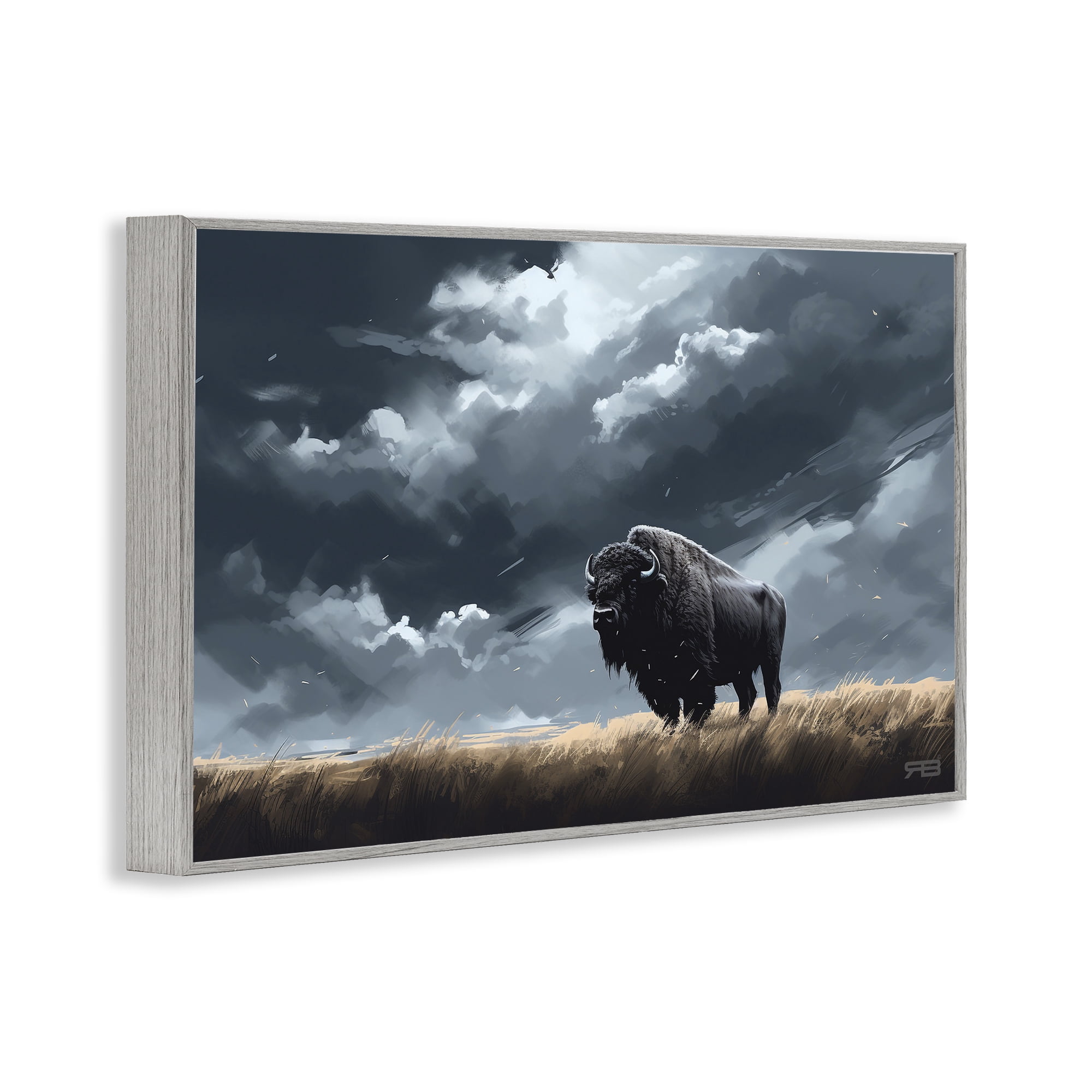 Stupell Industries Bison Silhouette with Clouds Landscape Painting Gray Framed Art Print Wall Art, 30 x 20